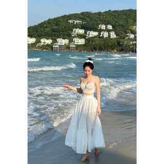 Set đi biển, set đi chơi, set 2 món áo croptop 2s phối chân váy tầng maxi cực sang lun ạ