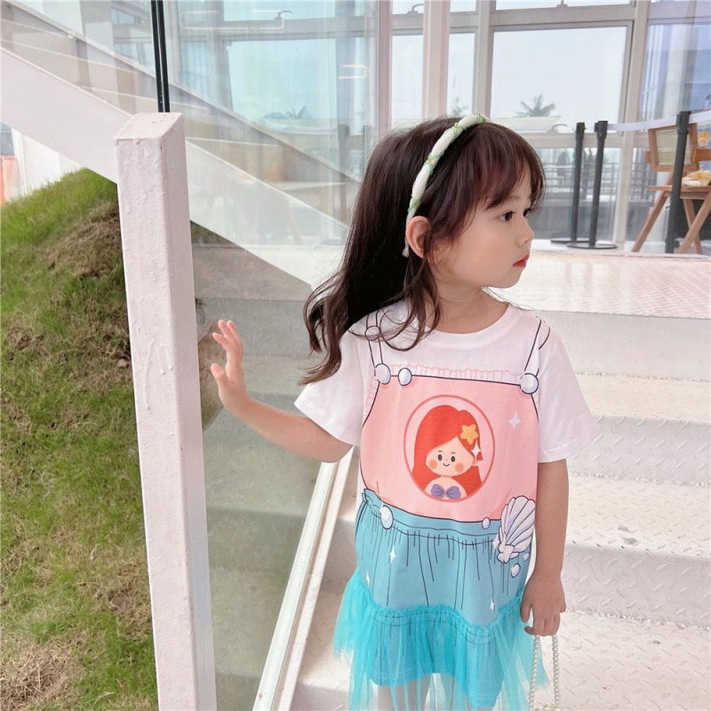 Đầm Công Chúa Mùa Hè Tay Cộc Dạng Lưới In Họa Tiết Hoạt Hình Cho Bé Gái Se7