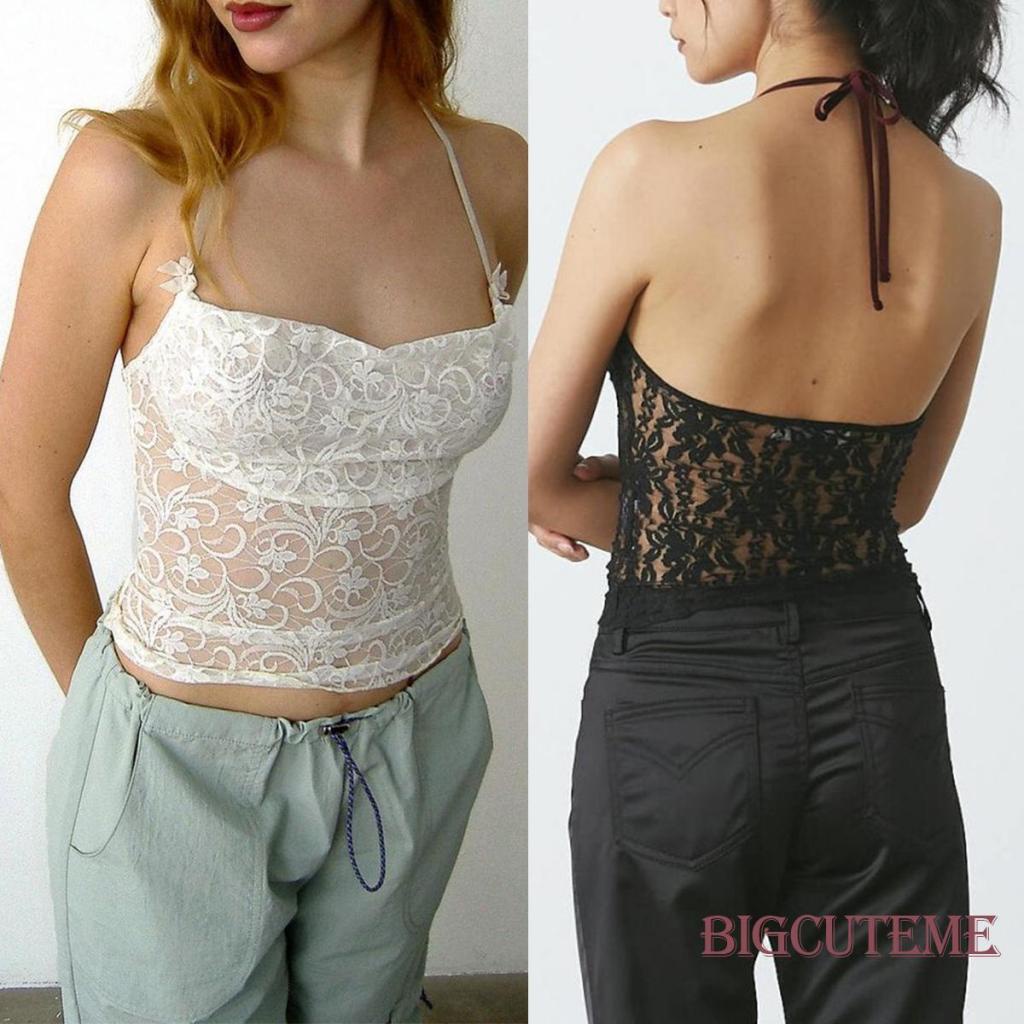 [] - Áo Ren Không Tay Hở Lưng Xuyên Thấu Thời Trang Mùa Hè Màu Trắng / Đen Cho Nữ