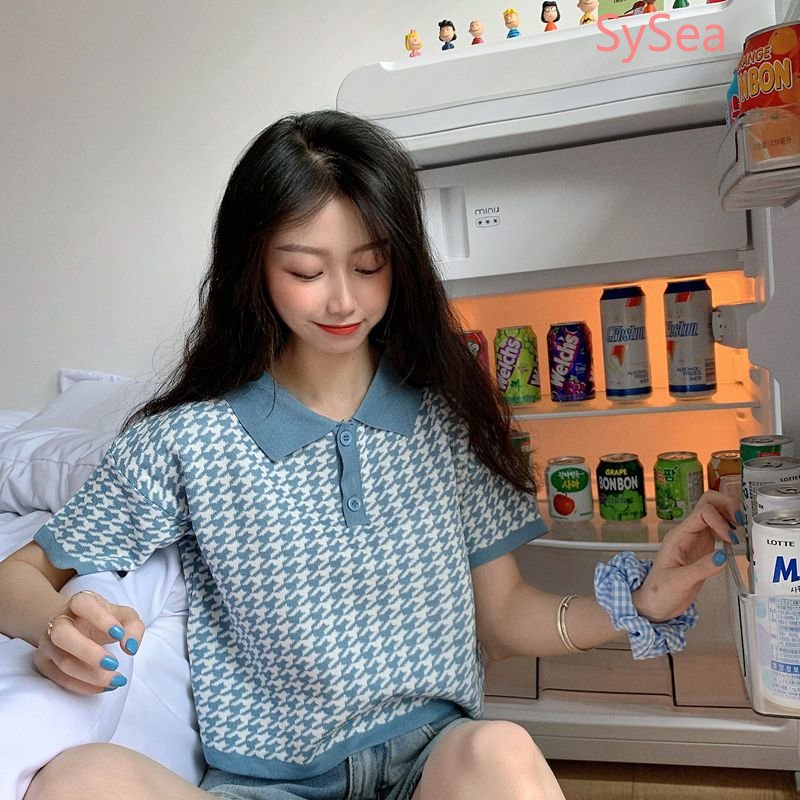 Áo Sơ Mi Dệt Kim Cổ Bẻ Sọc Ca Rô Thời Trang Hàn Quốc Cho Nữ