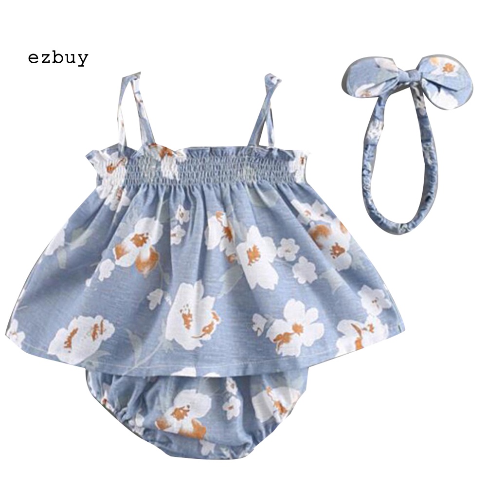 Set Đồ 3 Món Áo Thun Không Tay In Hoa + Quần Ngắn + Băng Đô Dành Cho Bé Gái