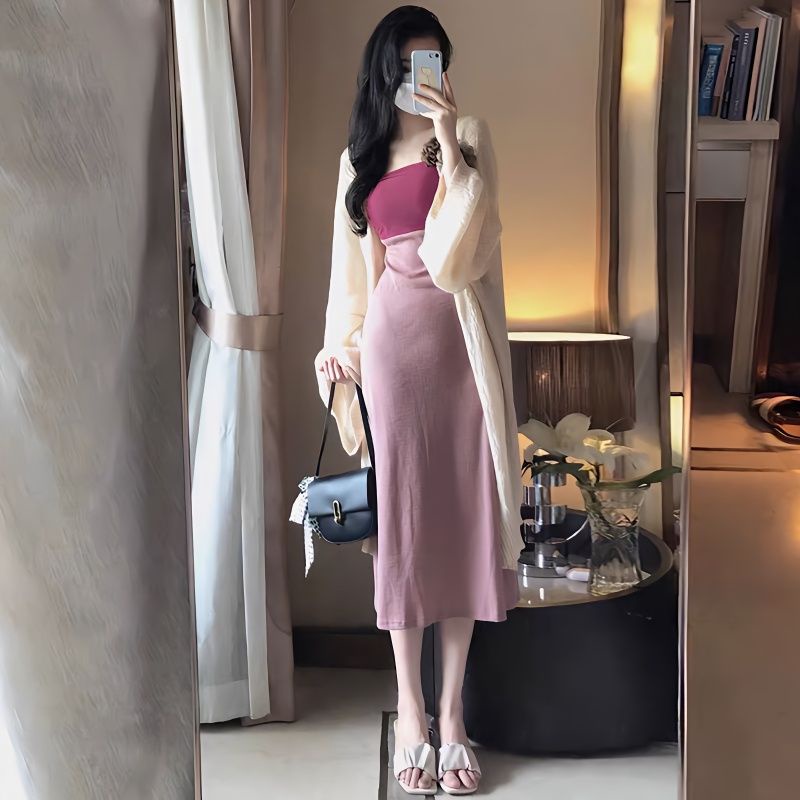 Bộ Đầm Hai Mảnh Áo Cardigan Mỏng Nhẹ Phong Cách Mùa Xuân Hè Cao Cấp