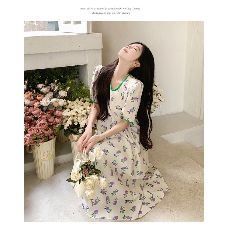 Đầm midi SUXI dáng chữ A tay ngắn in hoa thời trang mùa hè xinh xắn cho nữ