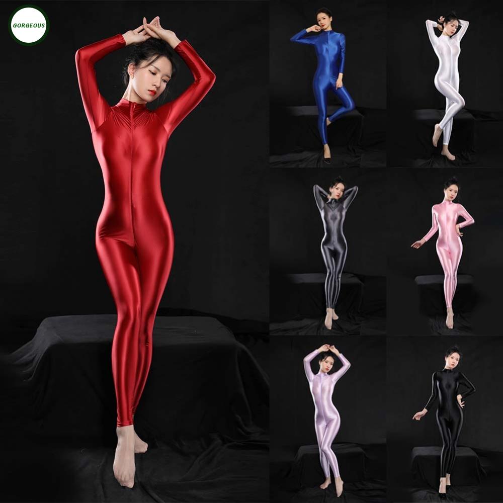 GORGEOUS~Womens Long Sleeve Zip-up Bodysuit Tights Glossy Bodystockings Jumpsuit oily