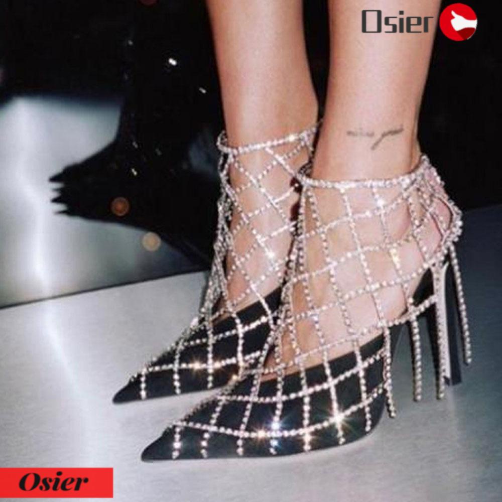 1 Giày Cao Gót Lưới Lấp Lánh Thời Trang|Dây Tua Rua Xinh Xắn Chất Lượng