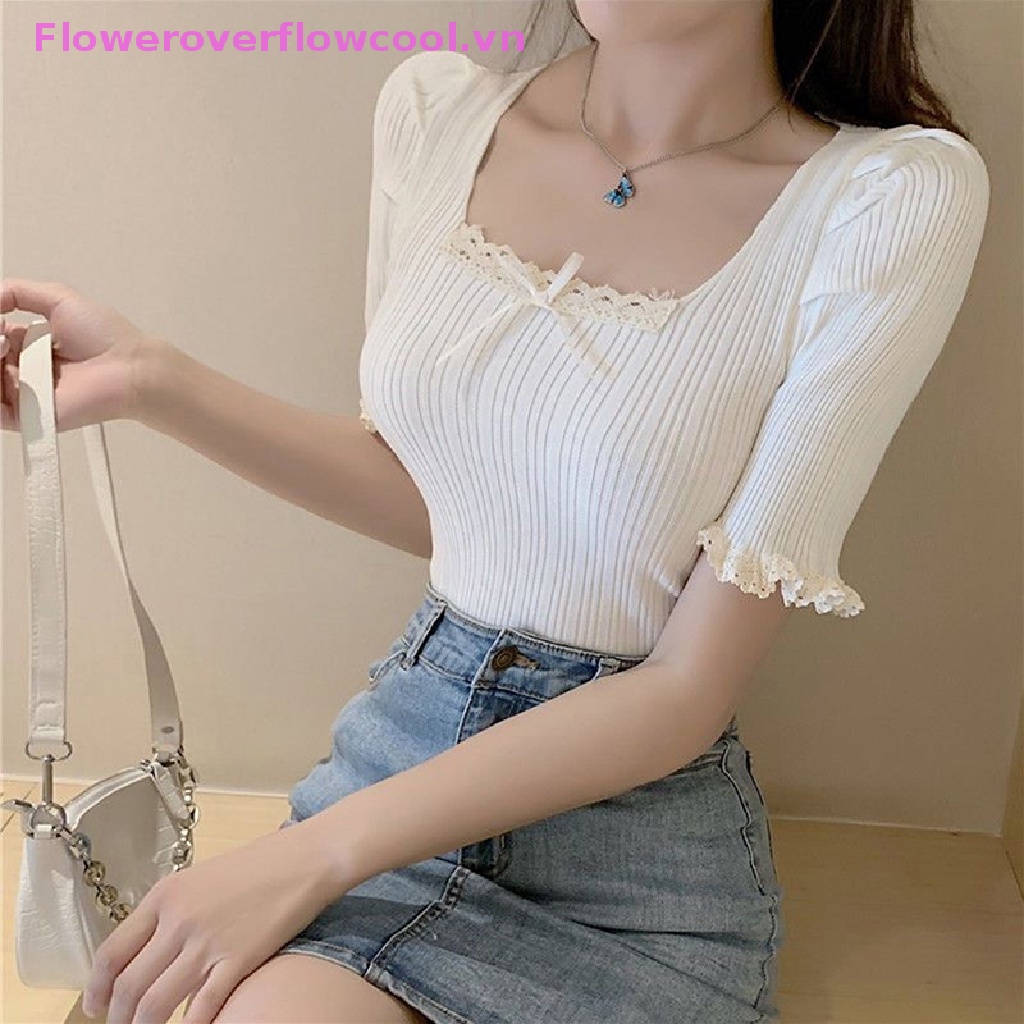 Áo Croptop Dệt Kim Cổ Vuông Thắt Nơ Phong Cách Harajuku Thời Trang Mùa Hè Quyến Rũ Cho Nữ