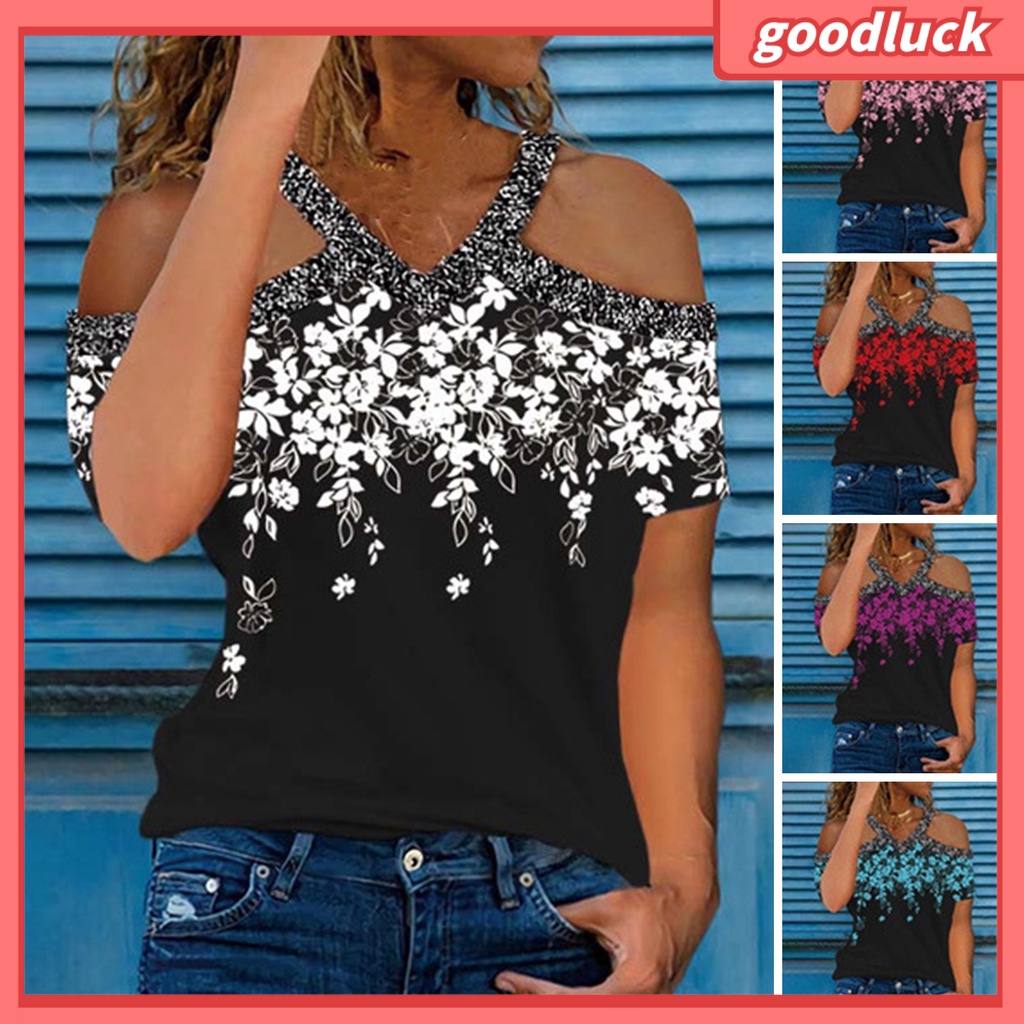 Áo Thun Mùa Hè Khoét Vai In Họa Tiết Hoa Phong Cách Đường Phố Cho Nữ