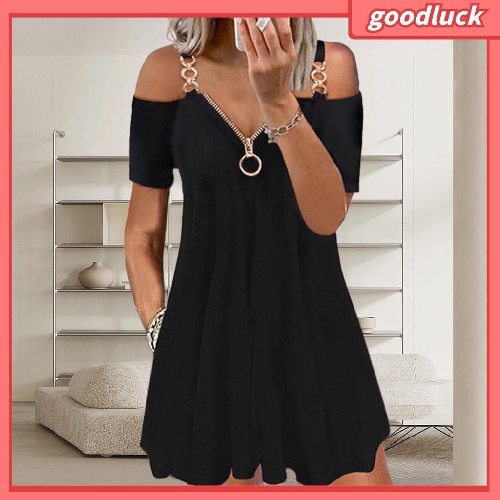 [GUC] Đầm Xòe Mini Chữ A Xếp Ly Dây Đeo Vai Cổ Chữ V Tay Ngắn Có Khóa Kéo Bằng Kim Loại Kích Thước Lớn Cho Nữ