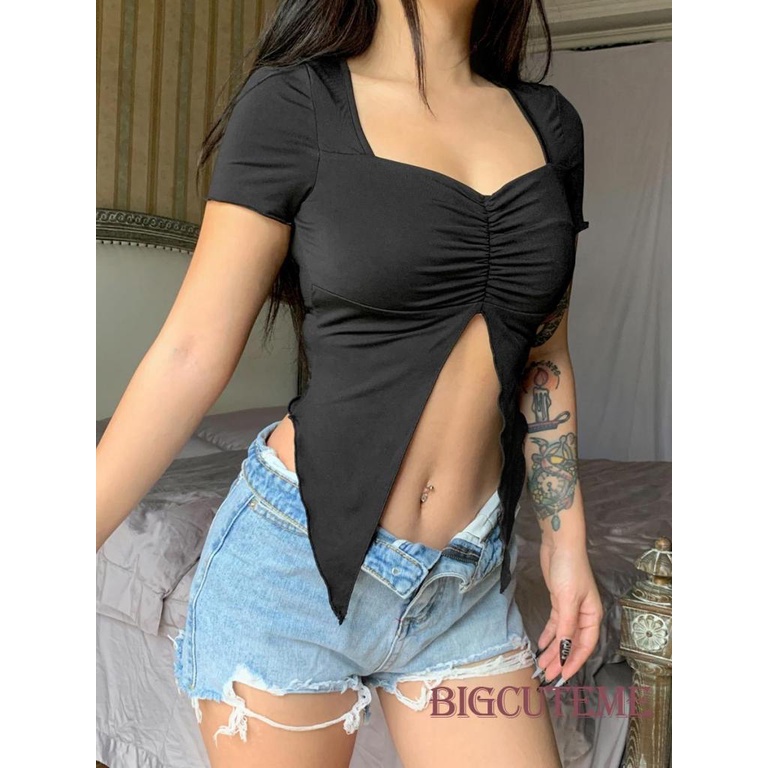 [] Áo Thun Ngắn Tay Xẻ Tà Màu Đen Trơn Đơn Giản Cho Nữ