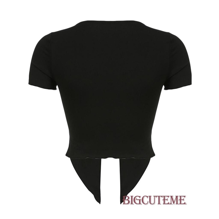 [] Áo Thun Ngắn Tay Xẻ Tà Màu Đen Trơn Đơn Giản Cho Nữ