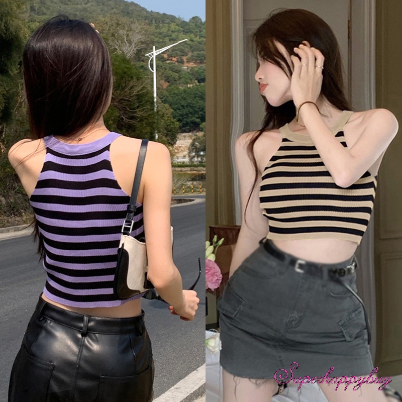 Áo Tank Top Dệt Kim Sát Nách Dáng Ôm In Họa Tiết Kẻ Sọc Thời Trang Mùa Hè Cho Nữ