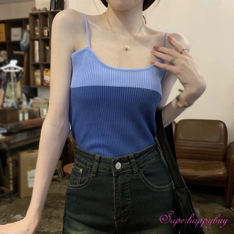 Áo Tank Top Dệt Kim Sát Nách Màu Tương Phản Thời Trang Mùa Hè Cho Nữ