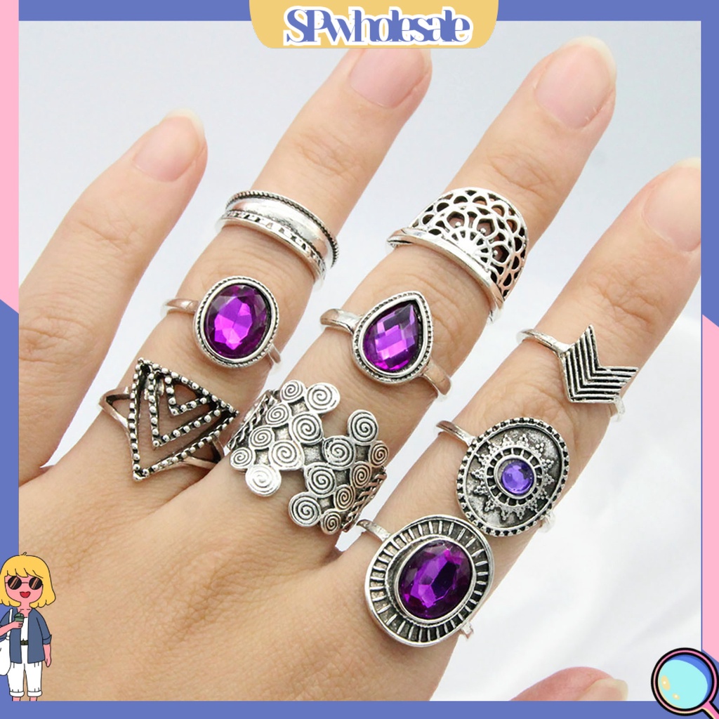 <SPwholesale> Bộ 9 Nhẫn Hợp Kim Đính Đá Tím Nhân Tạo Phong Cách Bohemia