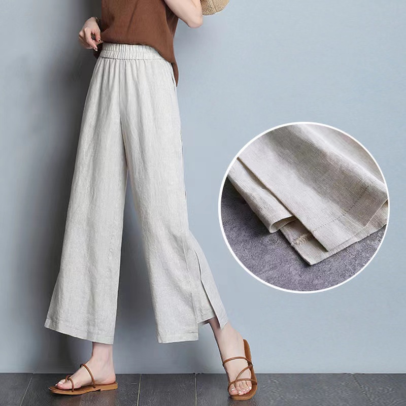 Quần Cotton Lanh Ống Rộng Lưng Cao Xẻ Tà Thoáng Khí Theo Phong Cách Mùa Hè / Size M-3XL