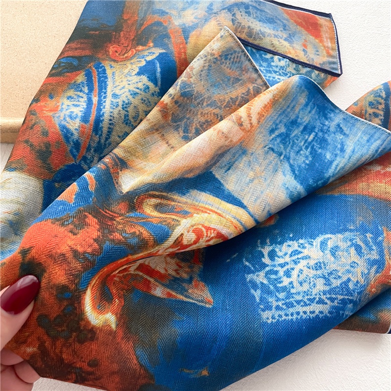 Khăn Choàng Cổ Hình Vuông Cỡ Nhỏ Vải Nhung Cotton Lanh In Họa Tiết Tranh Sơn Dầu Kiểu Retro Thời Trang Xuân Thu 65x65cm