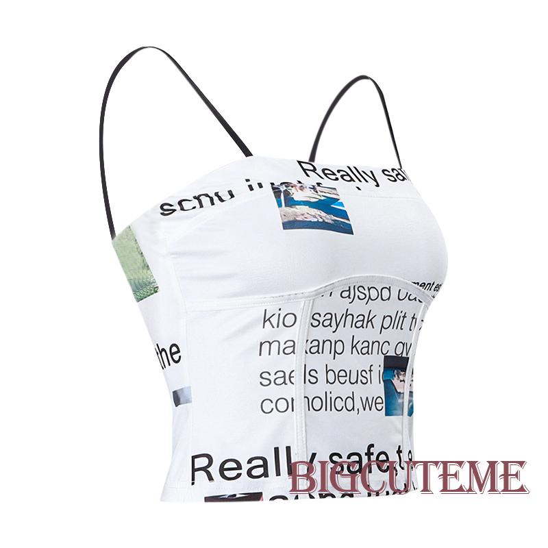 Áo Hai Dây Cổ Vuông In Họa Tiết Chữ Thời Trang Cho Nữ