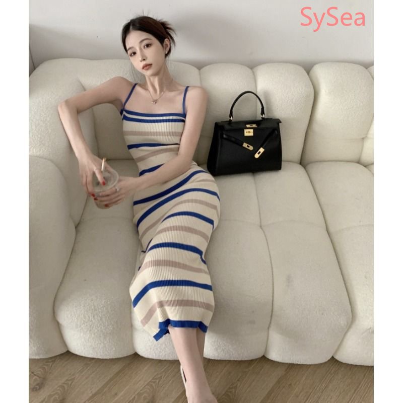 Đầm Dệt Kim Hai Dây Họa Tiết Kẻ Sọc Thời Trang Mùa Hè Pháp