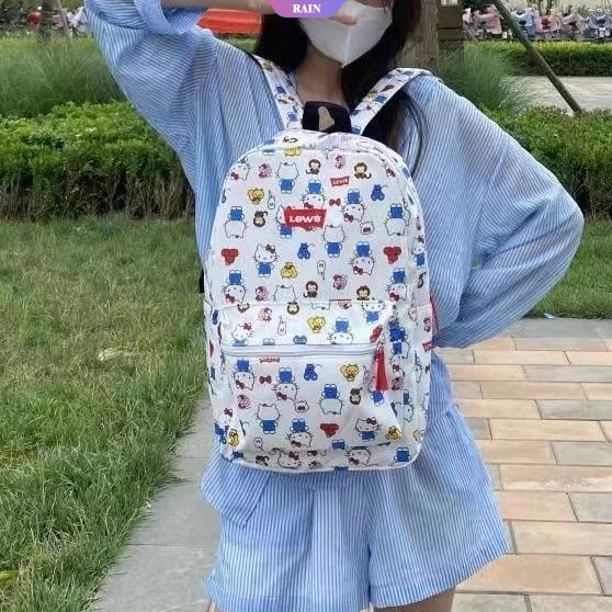 Ba Lô Vải Canvas Nylon Sức Chứa Lớn In Hình Sanrio Hello Kitty Dễ Thương Có Khóa Kéo Thời Trang Cho Nữ