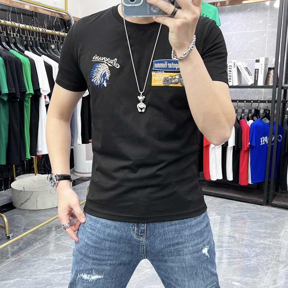 Áo Thun Tay Ngắn Cổ Tròn Dáng Ôm Thêu Họa Tiết Xe Mô Tô Phong Cách Châu Âu Thời Trang Mùa Hè Cho Nam