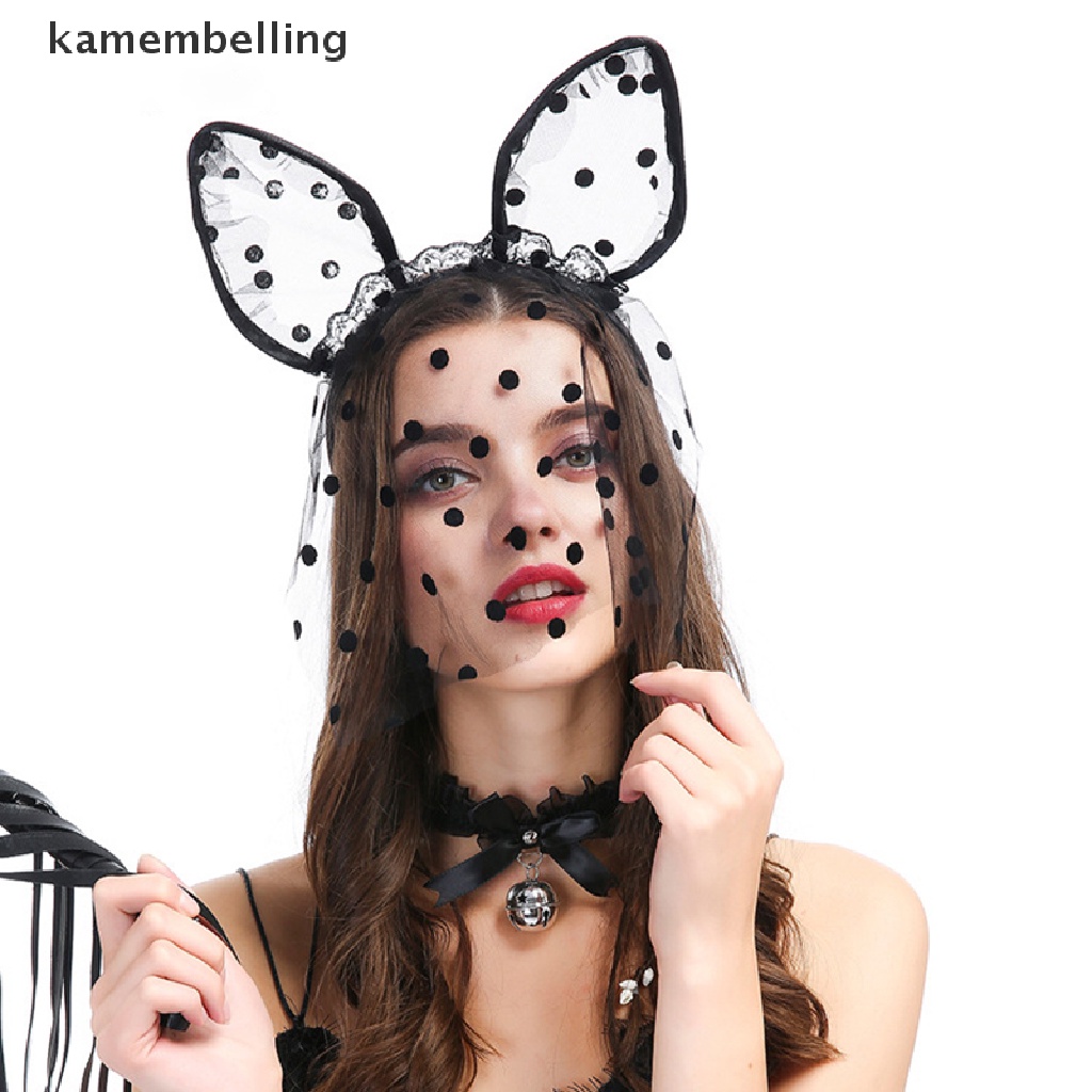 Kamembelling Băng Đô Tai Mèo Bằng Lưới Phối Ren Chấm Bi Đen Gợi Cảm Hóa Trang Tiệc Halloween Cho Nữ