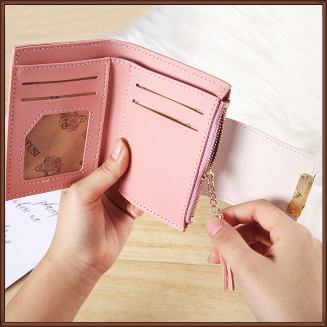 Ví Da Pu Ngắn Dạng Gập Có Mặt Dây Tua Rua Thời Trang Cho Nữ Giá Đỡ