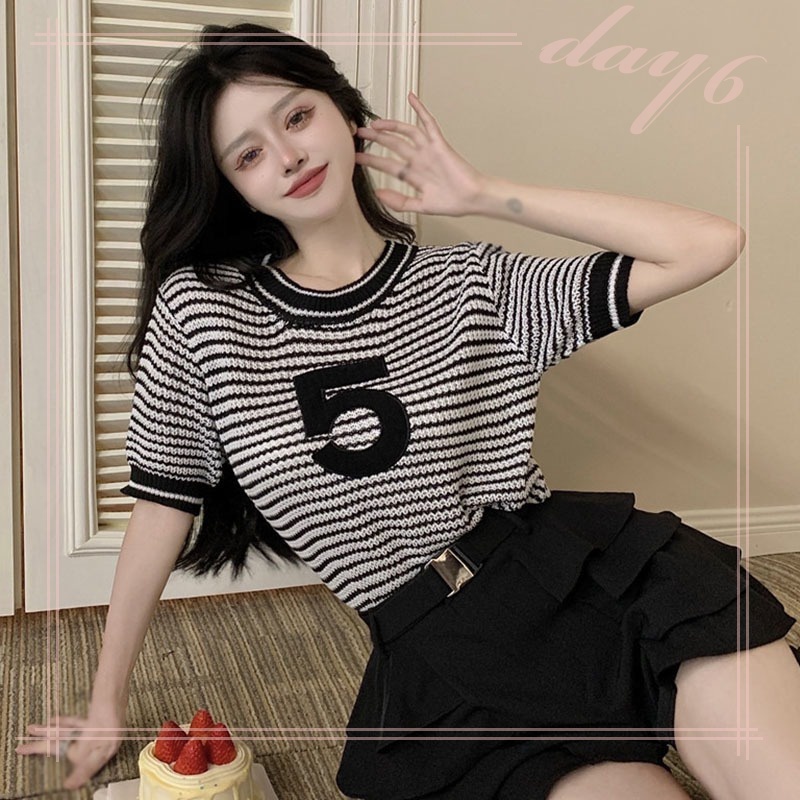 Áo Thun Tay Ngắn Họa Tiết Sọc Ngang Phong Cách Hàn Quốc Dành Cho Nữ