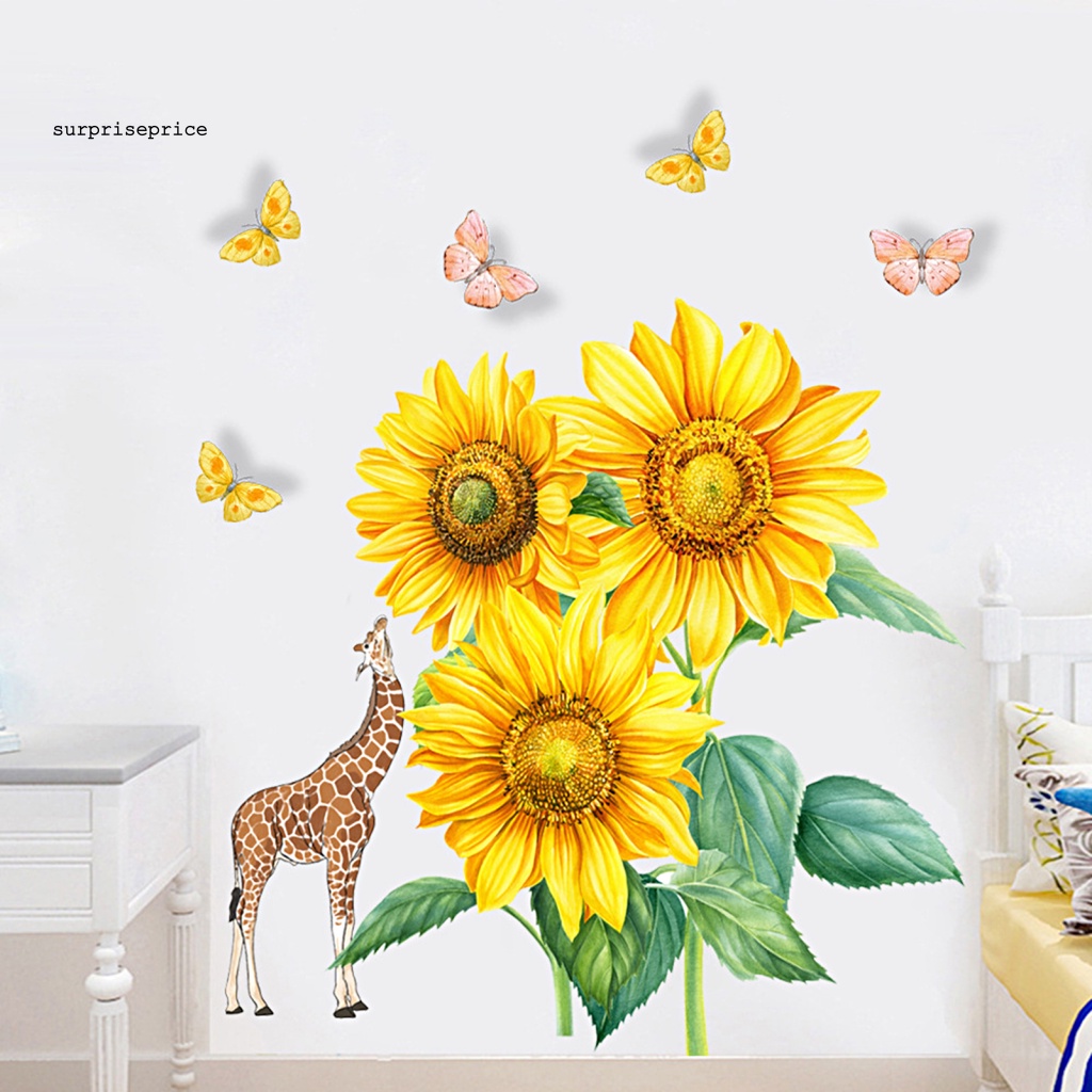 Set 2 Miếng Dán Tường Tự Dính Bằng PVC Chống Nước Hình Hoa Hướng Dương / Hươu Cao Cổ / Bướm