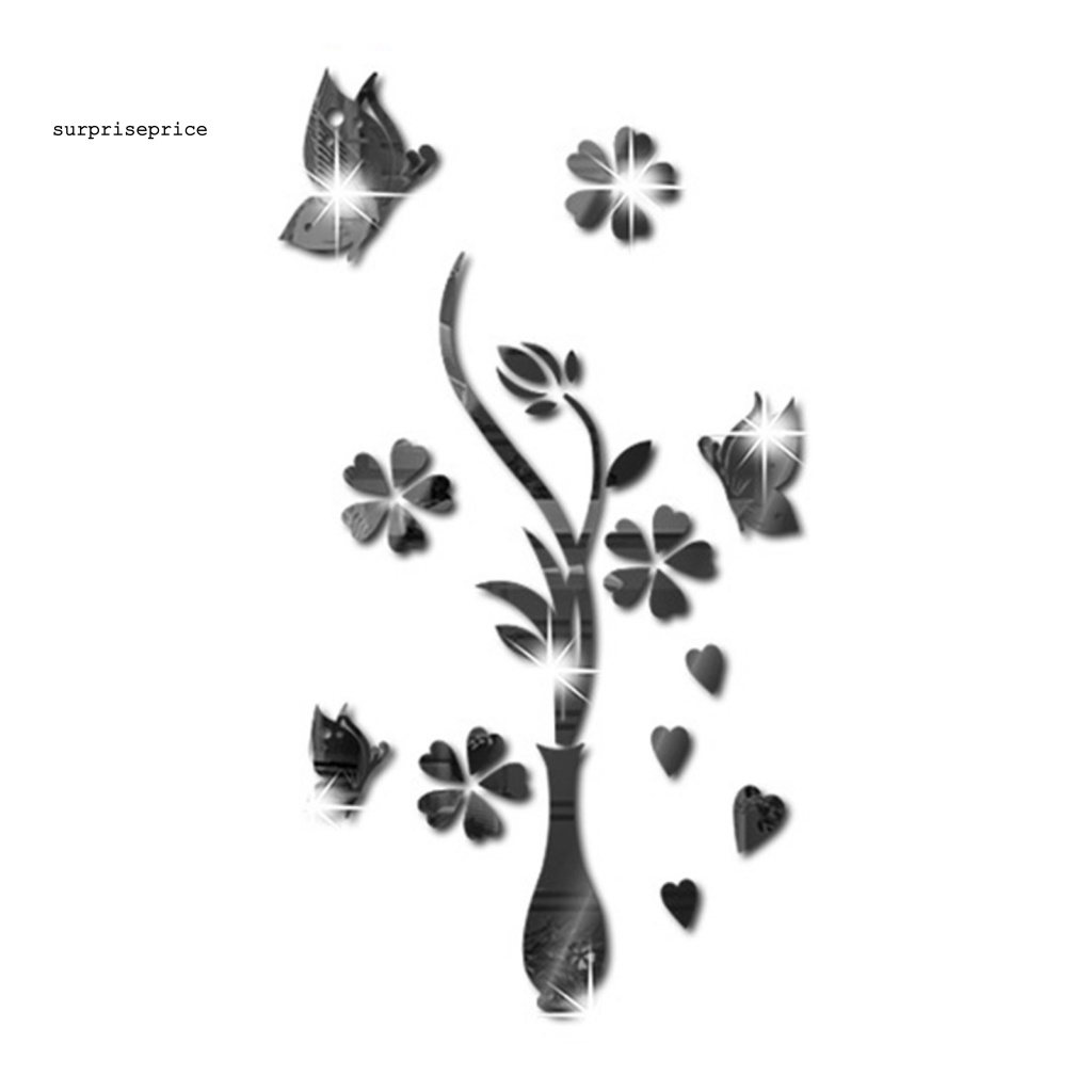 Sticker Dán Tường Bằng Acrylic Mặt Gương Hình Lọ Hoa Và Bướm Trang Trí Nhà Cửa