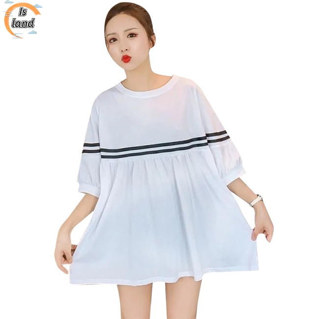 [IS] Đầm Thun Dáng Rộng Tay Ngắn Họa Tiết Kẻ Sọc Màu Sắc Tương Phản Dành Cho Phụ Nữ Mang Thai