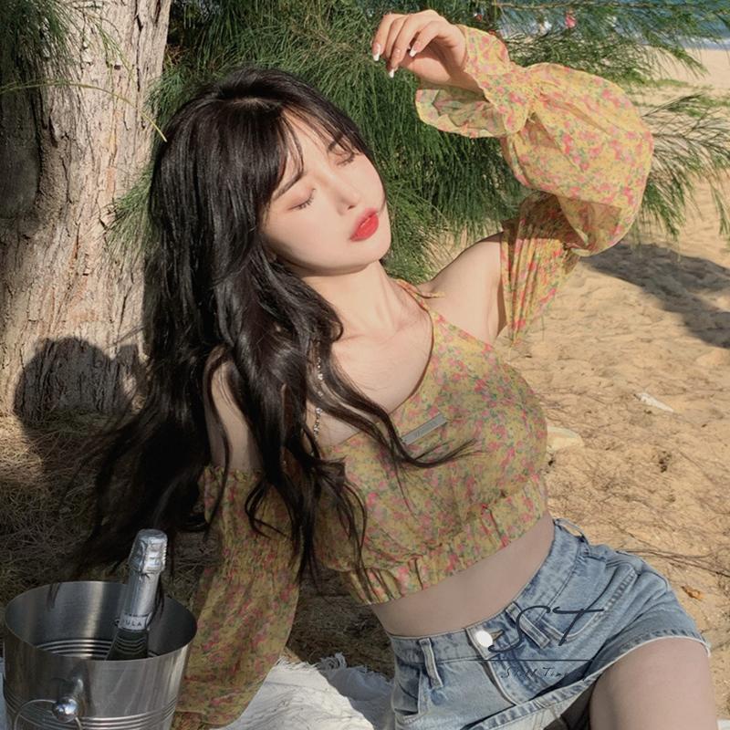 Áo Croptop Trễ Vai Tay Dài In Họa Tiết Hoa Thời Trang Quyến Rũ Cho Nữ