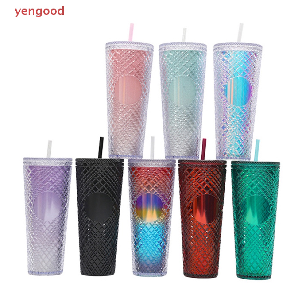 Cốc Uống Nước Hai Lớp Bằng Nhựa Có Nắp Và Ống Hút Có Thể Tái Sử Dụng