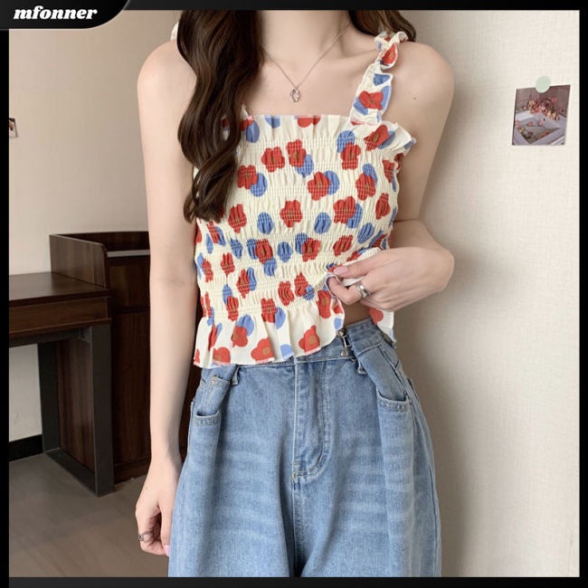 Áo Tank Top Không Tay Phối Bèo Họa Tiết Hoa Xinh Xắn Thời Trang Mùa Hè Cho Nữ