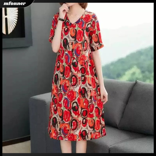 Đầm Midi Chữ A Tay Ngắn Cổ Chữ V Dáng Rộng In Họa Tiết Retro Thời Trang Mùa Hè Cho Nữ