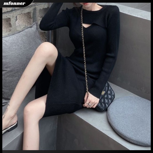 Đầm Dệt Kim Dài Tay Dáng Chữ A Lưng Cao Màu Trơn Thời Trang Gợi Cảm Cho Nữ