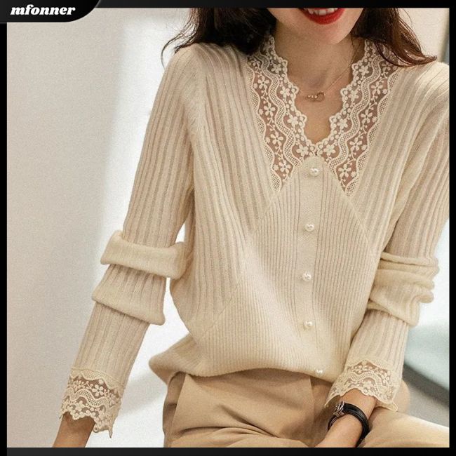 Áo Dệt Kim Nữ Tay Dài Cổ Chữ V Phối Ren Màu Trơn Thời Trang