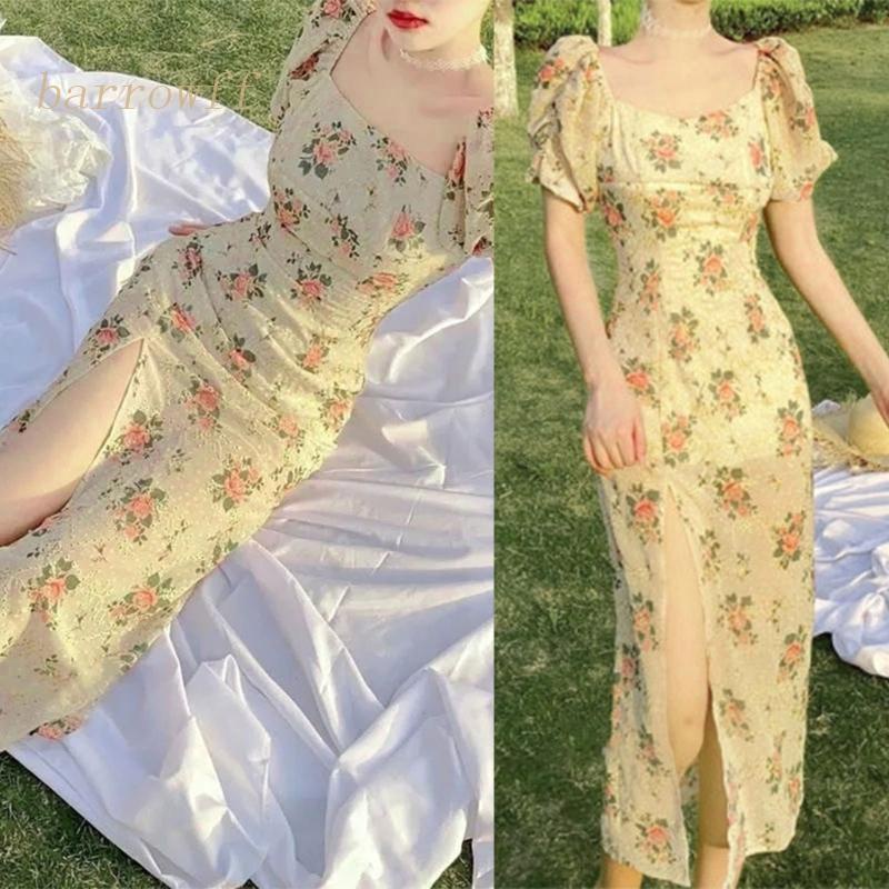 Đầm Midi Dài Dáng Ôm Tay Phồng Cổ Điển Hàn Quốc Thanh Lịch Dành Cho Bạn Nữ