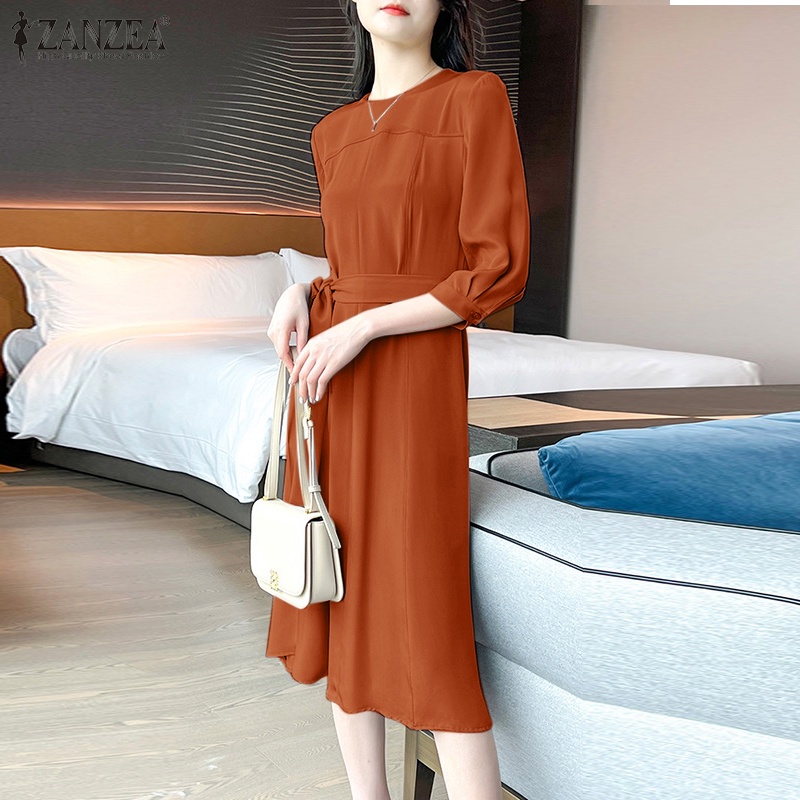 Đầm midi ZANZEA cổ tròn tay 3/ 4 thời trang cho nữ