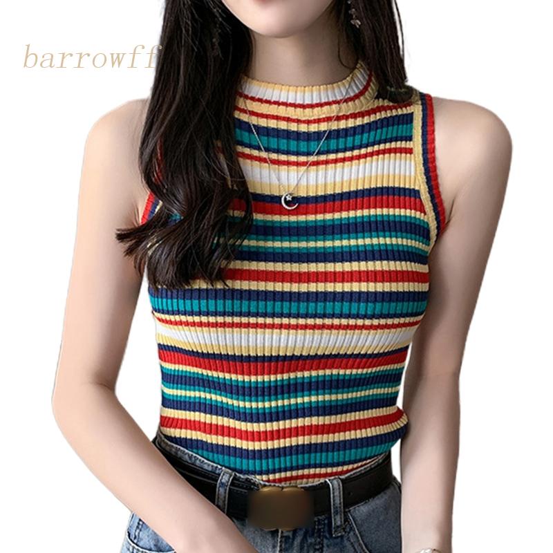 Áo Croptop Dệt Kim Sát Nách Cổ Tròn Họa Tiết Kẻ Sọc Màu Cầu Vồng Thời Trang Cho Nữ