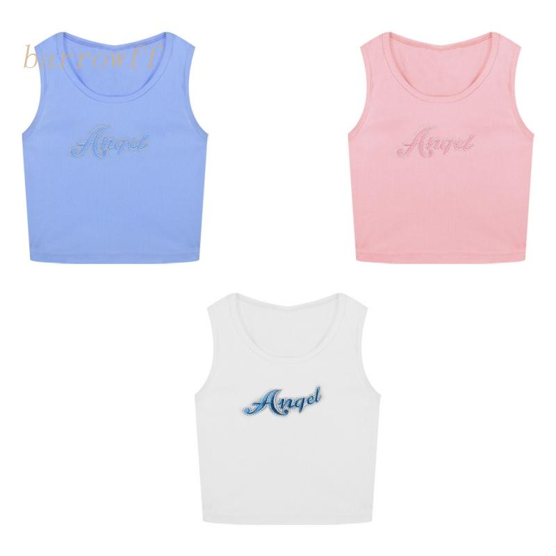 Áo Croptop Dệt Kim Không Tay Màu Trơn Thêu Chữ Phong Cách Hàn Quốc Cho Nữ