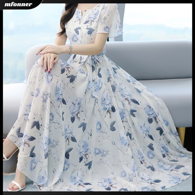 Đầm Tay Ngắn Cổ Tròn In Hoa Thời Trang Mùa Hè Xinh Xắn Cho Nữ