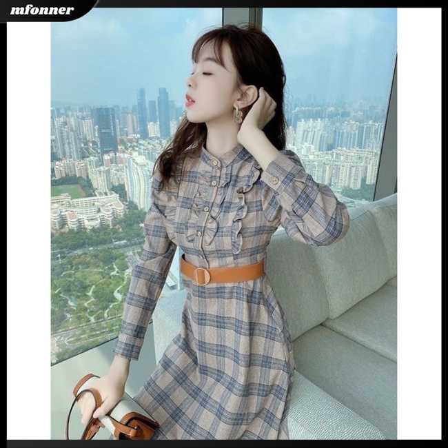 Đầm Midi Tay Dài Cổ Đứng Dáng Chữ A Họa Tiết Sọc Caro Ngọt Ngào Thời Trang Cho Bạn Gái