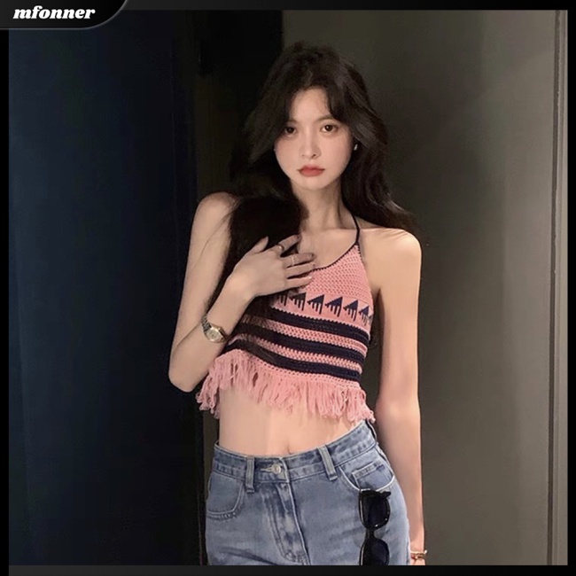 Áo Croptop Dệt Kim Phối Tua Rua Màu Tương Phản Thời Trang Mùa Hè Cho Nữ