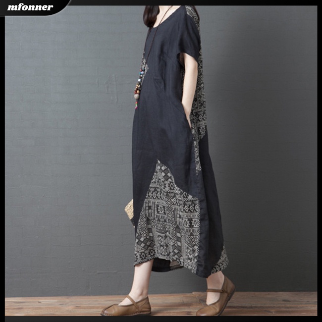 Đầm Cotton Lanh Cổ Tròn Tay Ngắn In Họa Tiết Thời Trang Cho Nữ