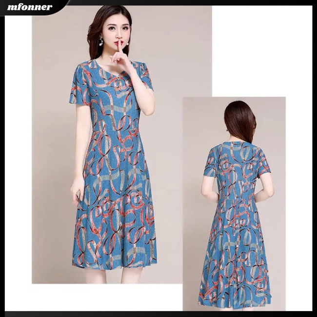 Đầm Midi Lưng Cao Cổ Chữ V In Họa Tiết Thời Trang Thoáng Khí Thân Thiện Với Da