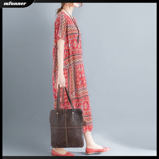 Đầm Cotton Pha Dáng Rộng Cổ Tròn Tay Ngắn In Họa Tiết Dân Tộc Cổ Điển Thời Trang Cho Nữ