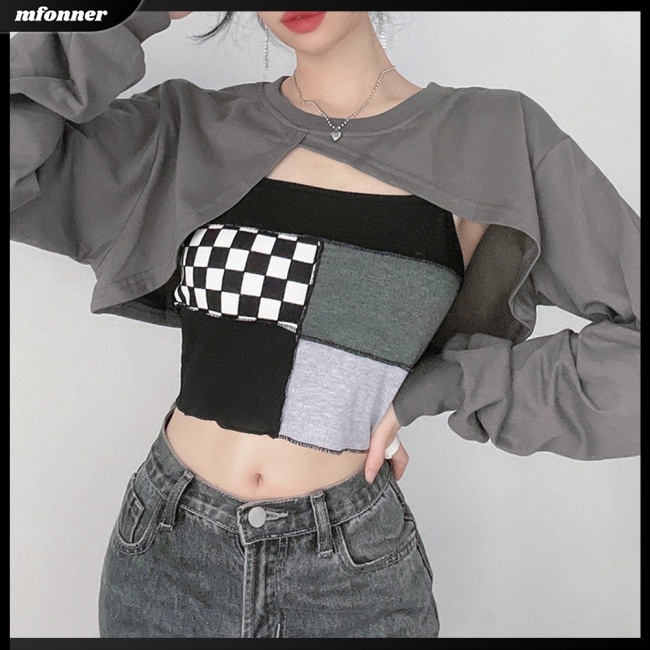 Set Đồ 2 Món Gồm Áo Sơ Mi Tay Dài Dáng Rộng Kẻ Caro Màu Tương Phản + Áo Hai Dây Thời Trang Cho Nữ