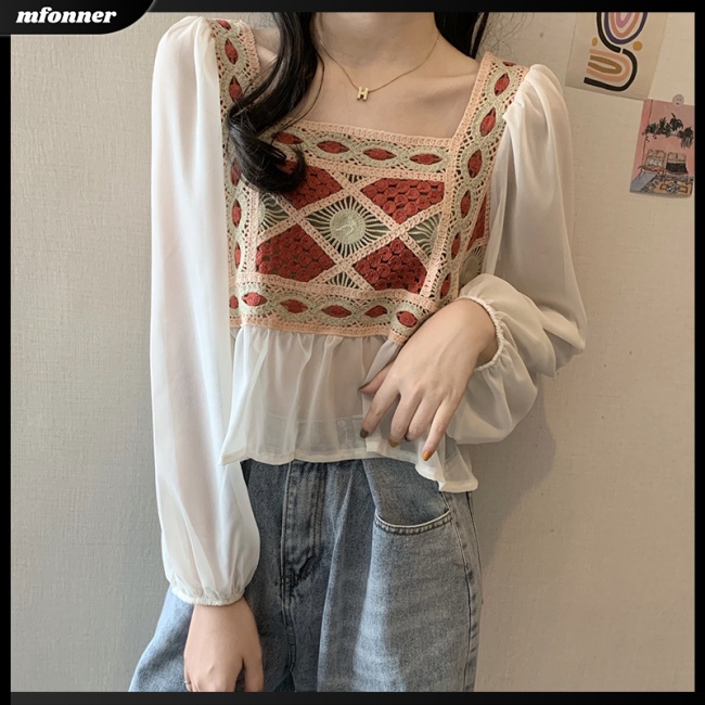 Áo Dệt Kim Chiffon Dài Tay Cổ Vuông Phối Họa Tiết Thổ Cẩm Thời Trang Cho Nữ