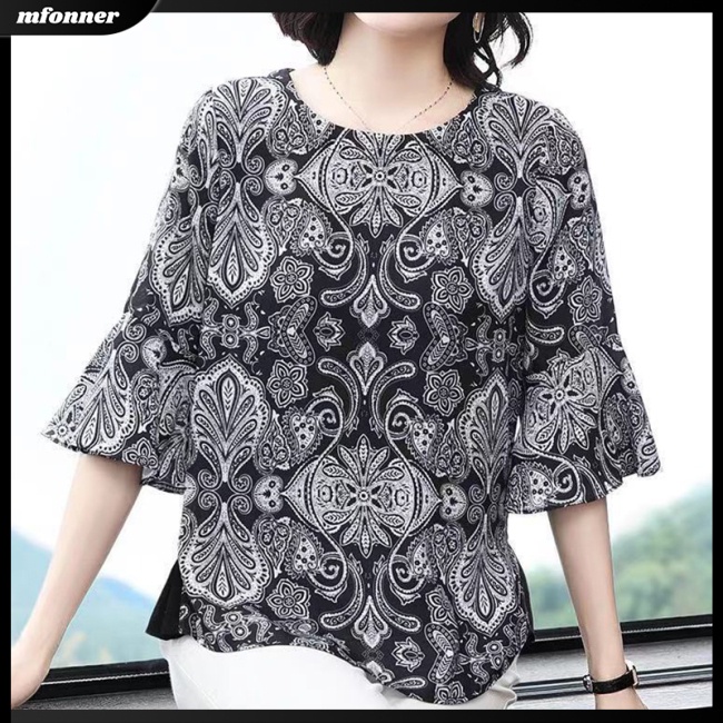 Áo Thun Tay Loe Cổ Tròn In Họa Tiết Retro Thời Trang Mùa Hè Cho Nữ