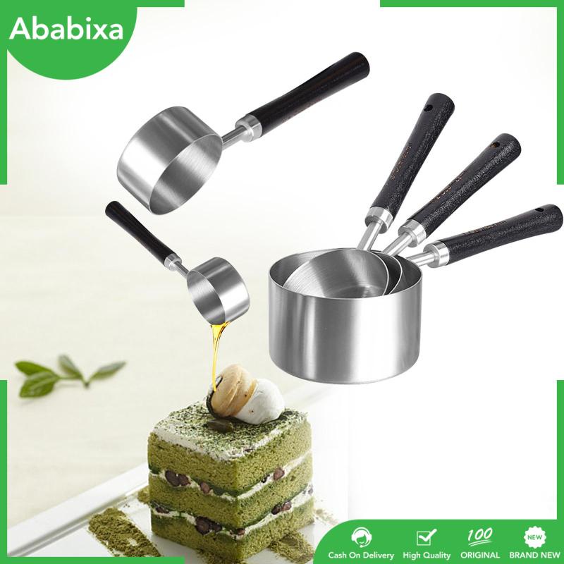 Bộ 4 Cốc Đo Lường Bằng Thép Không Gỉ Với Tay Cầm Bằng Gỗ Tiện Dụng Cho Nhà Bếp