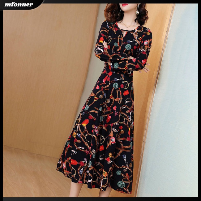 Đầm Dài Tay Cổ Tròn Họa Tiết Hoa Thời Trang Cho Nữ